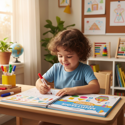 Enfant pratiquant l'écriture avec le cahier Montessori magique